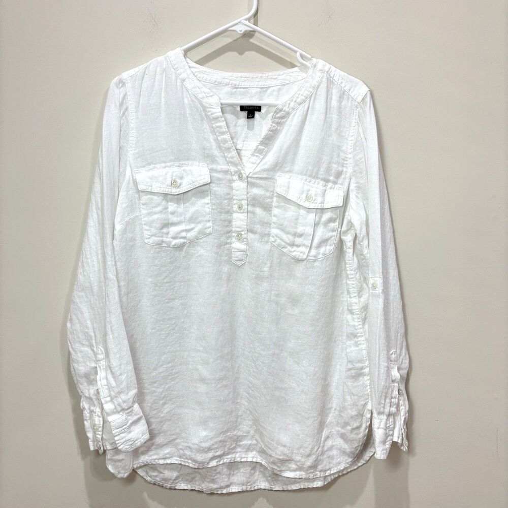 Talbots 100% Linen Henley Popover Top L Crisp White Beachy Relaxed Minimalist